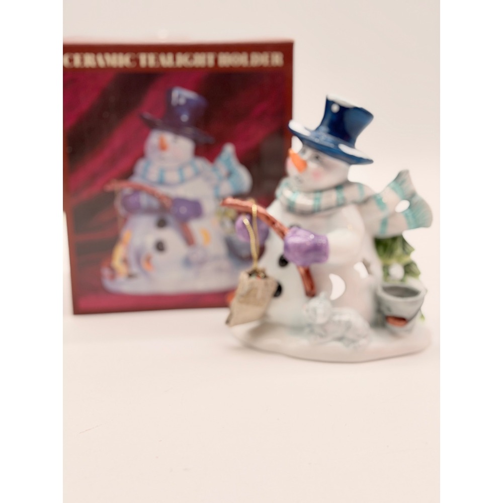 Glazed Ceramic Snowman Tealight Candle Holder Blue Top Hat Winter Holiday Decor